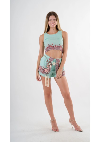 Kadın Su Yeşili Etnik Desenli Beli Kuşaklı Bluz Şort Ikili Takım HZL24S-YY261