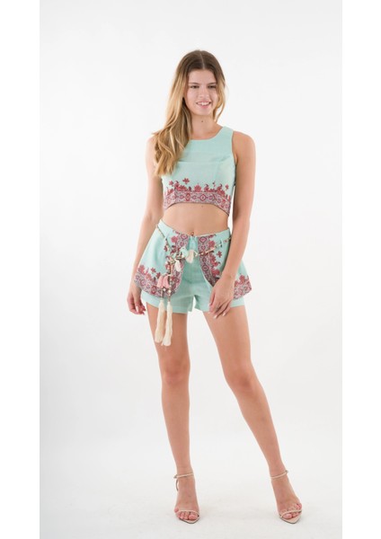 Kadın Su Yeşili Etnik Desenli Beli Kuşaklı Bluz Şort Ikili Takım HZL24S-YY261 modelleri
