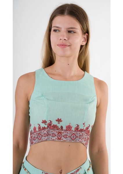 Kadın Su Yeşili Etnik Desenli Beli Kuşaklı Bluz Şort Ikili Takım HZL24S-YY261 fırsatları