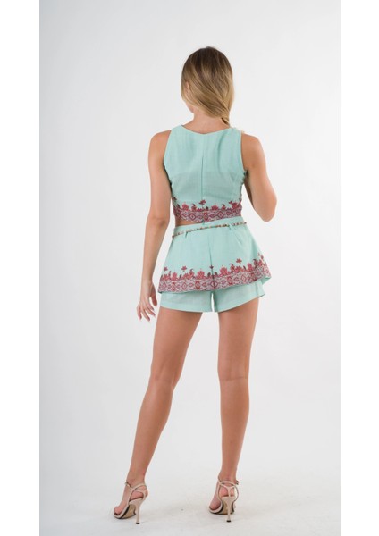 Kadın Su Yeşili Etnik Desenli Beli Kuşaklı Bluz Şort Ikili Takım HZL24S-YY261 indirimleri