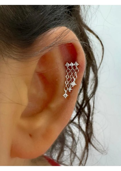 Arescollection Zirkon Taşlı Zincirli 1 Adet Helix Kıkırdak Kulak Memesi Uyumlu Halka Piercing Küpe