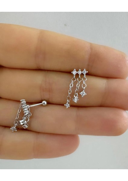Arescollection Zirkon Taşlı Zincirli 1 Adet Helix Kıkırdak Kulak Memesi Uyumlu Halka Piercing Küpe