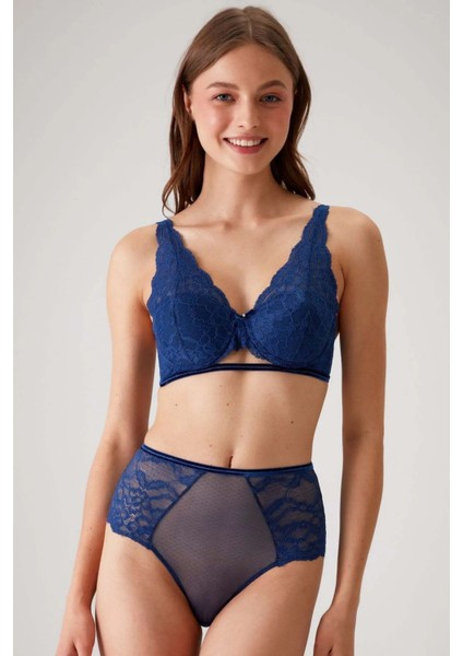 4840 Cenova Soft Push Up Dantelli Sütyen ve Yüksek Bel Külot Takımı-Lacivert