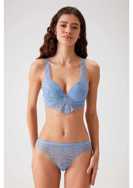 4737 Balenli Soft Pushup Sütyen Külot Takım-Mavi