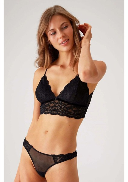 4842 Ince Askılı Dantelli Bralet Sütyen Külot Takım-Siyah