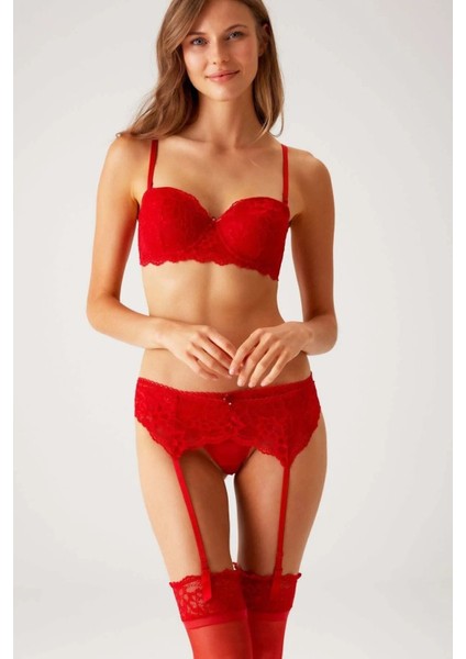 4793 Siena Balenli Desteksiz Dantelli Çoraplı Jartiyer Sütyen Takım-Kırmızı