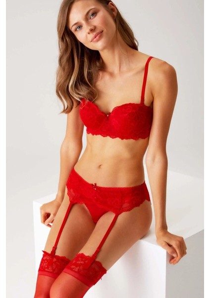 4793 Siena Balenli Desteksiz Dantelli Çoraplı Jartiyer Sütyen Takım-Kırmızı modelleri