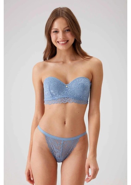 4736 Desteksiz Straplez Sütyen Külot Takım-Mavi