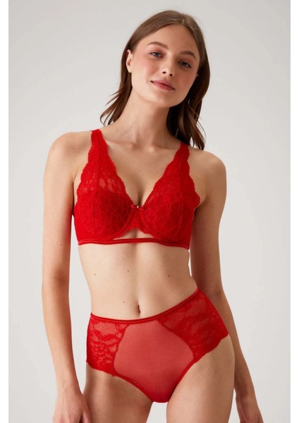 4840 Cenova Soft Push Up Dantelli Sütyen ve Yüksek Bel Külot Takımı-Kırmızı