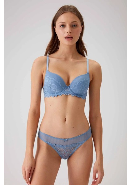 4740 Balenli Soft Push Up Sütyen Külot Takım-Mavi