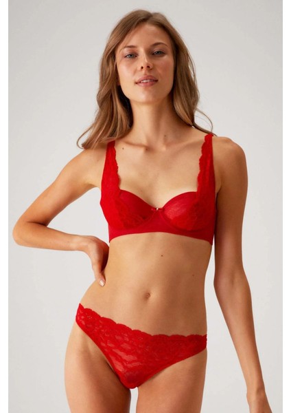 4841 Dantelli Dolgusuz Sütyen String Takım-Kırmızı