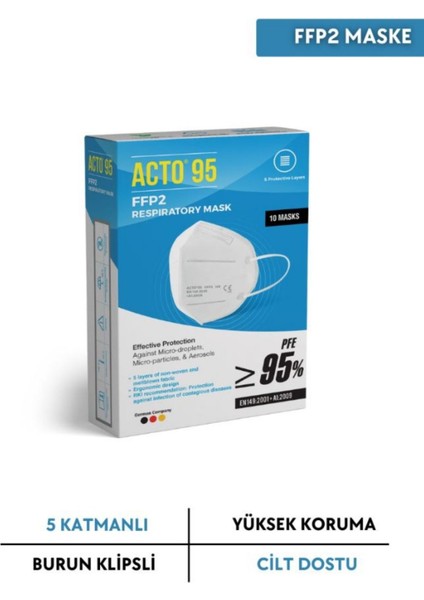Acto® 95 Ffp2 / N95 Respiratory Mask | 5 Katlı Solunum Maskesi 10 Adet
