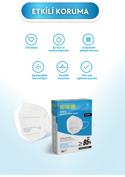 Acto® 95 Ffp2 / N95 Respiratory Mask | 5 Katlı Solunum Maskesi 10 Adet