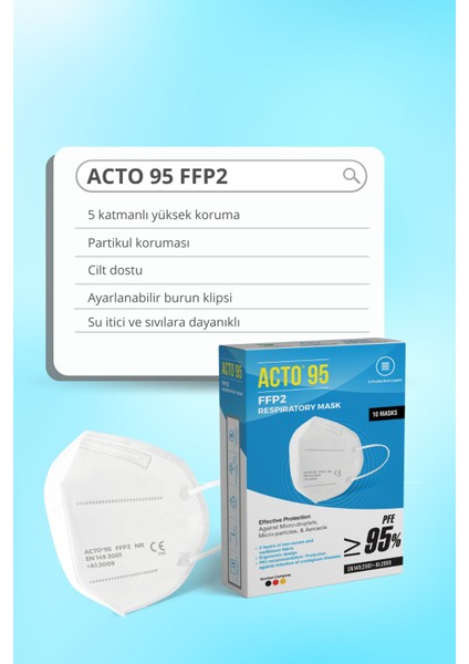 Acto® 95 Ffp2 / N95 Respiratory Mask | 5 Katlı Solunum Maskesi 10 Adet