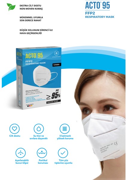 Acto® 95 Ffp2 / N95 Respiratory Mask | 5 Katlı Solunum Maskesi 10 Adet