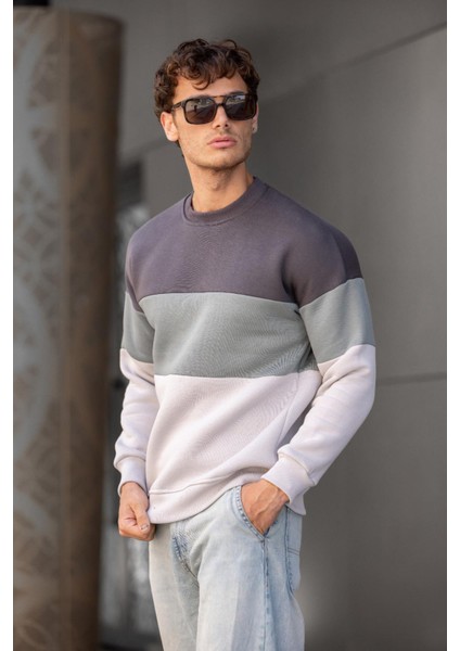 Trc 3244 Üç Iplik Pamuklu Parçalı Bisiklet Yaka Erkek Sweatshirt indirimleri