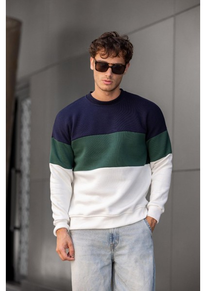 Trc 3244 Üç Iplik Pamuklu Parçalı Bisiklet Yaka Erkek Sweatshirt