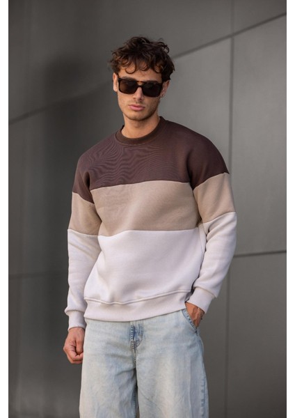 Trc 3244 Üç Iplik Pamuklu Parçalı Bisiklet Yaka Erkek Sweatshirt