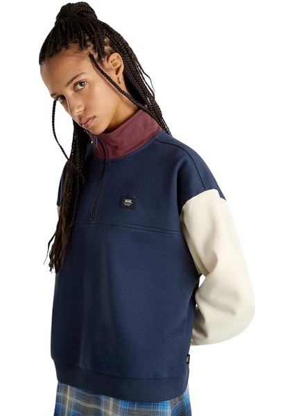 Colorblock Half Zıp Mock Kadın Mavi Sweatshirt