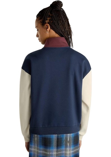 Colorblock Half Zıp Mock Kadın Mavi Sweatshirt