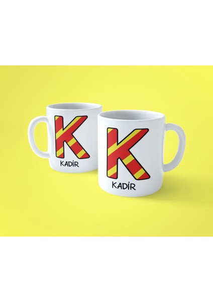 Sarı Kırmızı K Baş Harfli Isimli Baskılı Kupa Bardak