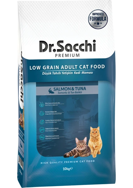 Dr. Sacchi Premium Düşük Tahıllı Somonlu ve Ton Balıklı Yetişkin Kedi Maması 10 kg