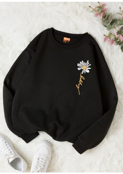 Pamuklu Özel Tasarım Baskılı Siyah Oversize Sweatshirt