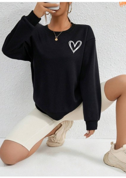 Pamuklu Özel Tasarım Baskılı Siyah Oversize Sweatshirt