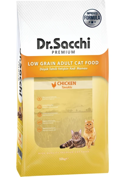 Dr. Sacchi Premium Düşük Tahıllı Tavuklu Yetişkin Kedi Maması 10 kg