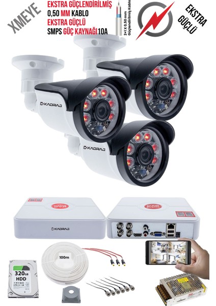 3 Kameralı Güvenlik Kamera Seti - Ekstra Uzun Mesafeli Güçlü, 5mp Sony Lens, 70M Dayanıklı Kablolama, 6 Atom Led, 320GB H.d.d