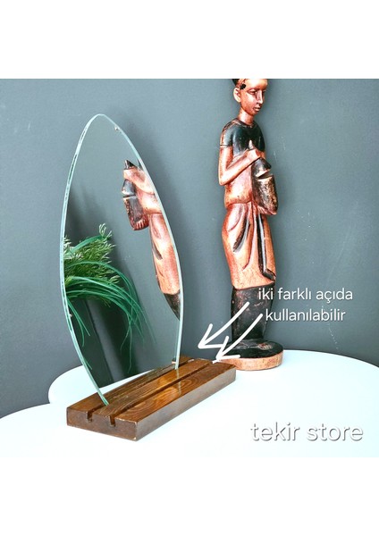 Yuvarlak Dekoratif Makyaj Aynası Ahşap Ceviz Stantlı Çift Açılı Çerçevesiz Masa Aynası Hediyelik indirimleri
