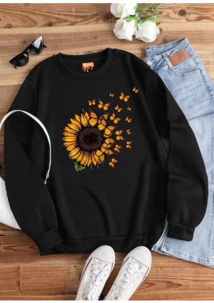 Pamuklu Özel Tasarım Baskılı Siyah Oversize Sweatshirt