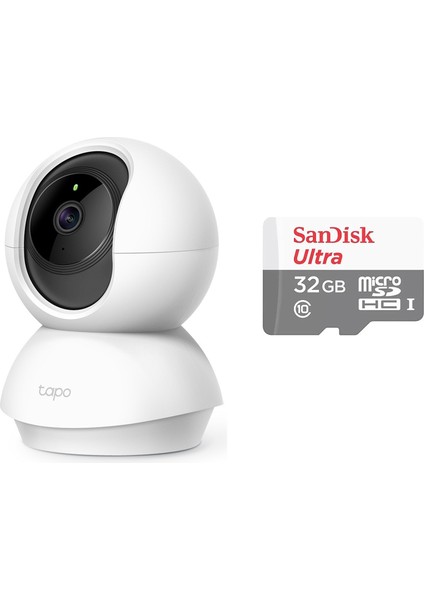 Tp-Lınk Tapo C210 360 Derece 2k UHD Yatay/dikey Hareketli Wi-Fi Güvenlik Kamerası ve Sandisk Ultra 32GB 100MB/S Microsdhc Uhs-I Hafıza Kartı