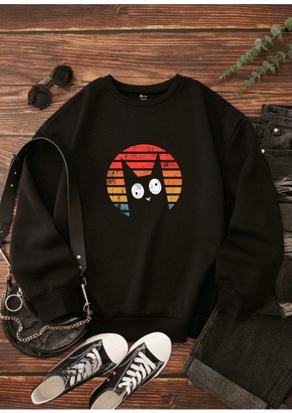 Pamuklu Özel Tasarım Baskılı Siyah Oversize Sweatshirt