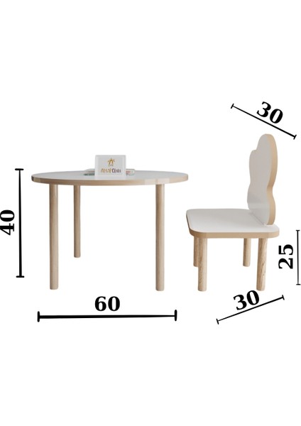Ahşap Okulu Oyun Aktivite Masası - Etkinlik Masası - Çocuk Ders Çalışma Masası-  Yuvarlak  Masa ve Bulut Sandalye