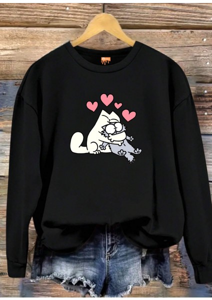 Pamuklu Özel Tasarım Baskılı Siyah Oversize Sweatshirt