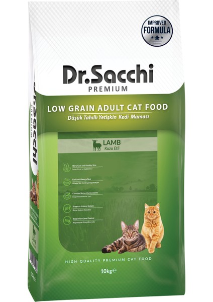 Dr. Sacchi Premium Düşük Tahıllı Kuzu Etli Yetişkin Kedi Maması 10 kg