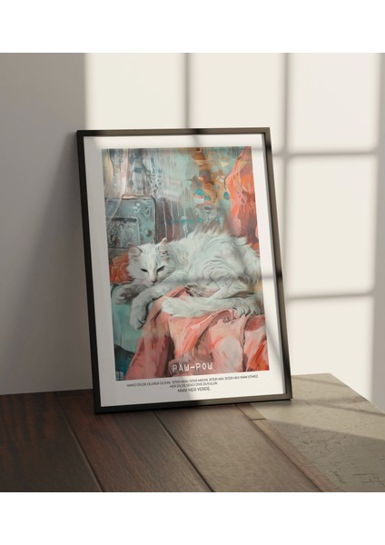 Sanatsal Beyaz Kedi Tablosu - Çerçevesiz Poster ile Evinize Şıklık Katın