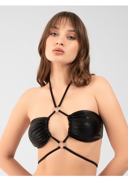 Taşlı Halkalı Metalik Siyah Bandeau Bikini Üstü