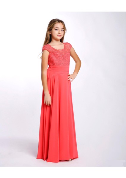 Kız Çocuk Yeni Moda 2024 Şifon Kumaş Tam Kalıp Abiye Elbise 5783 14-17 Yaş