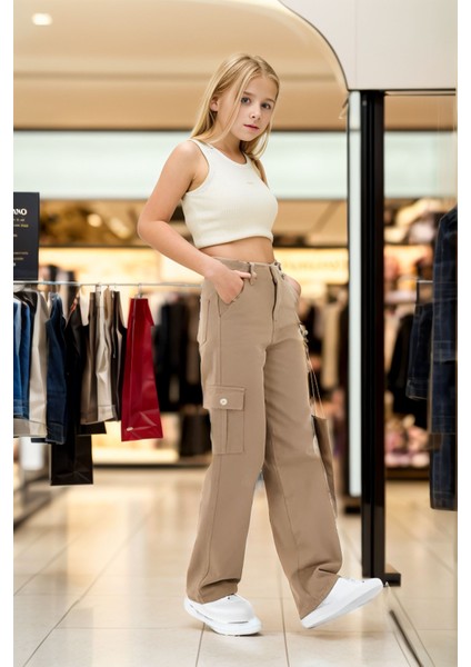 Kız Çocuk %100 Pamuk Kargo Cep Yarım Bel Lastikli Wide Leg Vizon Okul PANTOLONU-PNT-2029 fiyatları