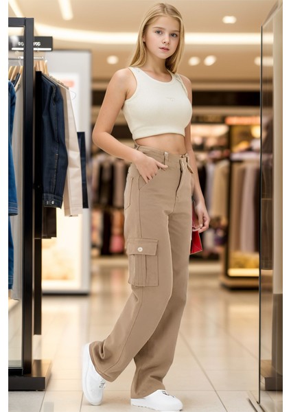 Kız Çocuk %100 Pamuk Kargo Cep Yarım Bel Lastikli Wide Leg Vizon Okul PANTOLONU-PNT-2029 fırsatları