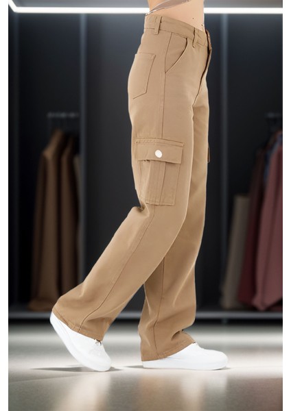 Kız Çocuk %100 Pamuk Kargo Cep Yarım Bel Lastikli Wide Leg Vizon Okul PANTOLONU-PNT-2029 indirimleri