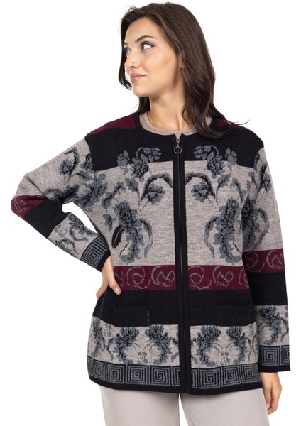 Kadın Orta Yaş ve Üzeri Fermuarlı Desenli Triko Örgü Yün Hırka 2356