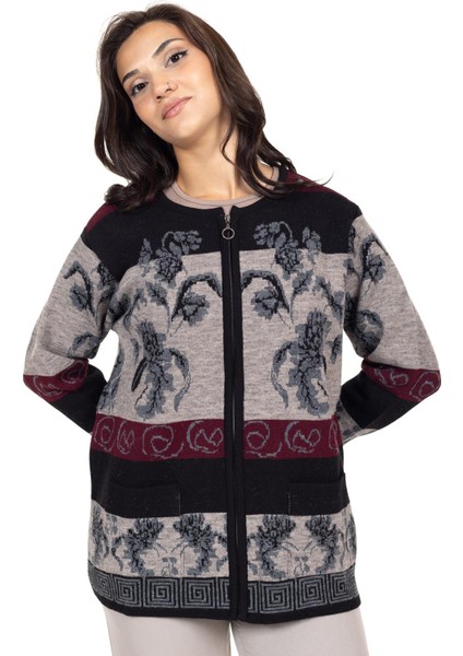 Kadın Orta Yaş ve Üzeri Fermuarlı Desenli Triko Örgü Yün Hırka 2356