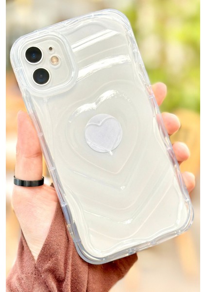 Apple iPhone 12 Kalp Desenli Kabartmalı Zarif 3D Şeffaf Kamera Korumalı Silikon Kılıf