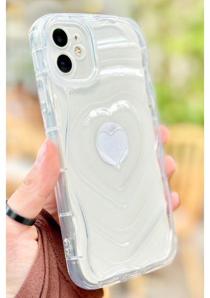 Apple iPhone 12 Kalp Desenli Kabartmalı Zarif 3D Şeffaf Kamera Korumalı Silikon Kılıf