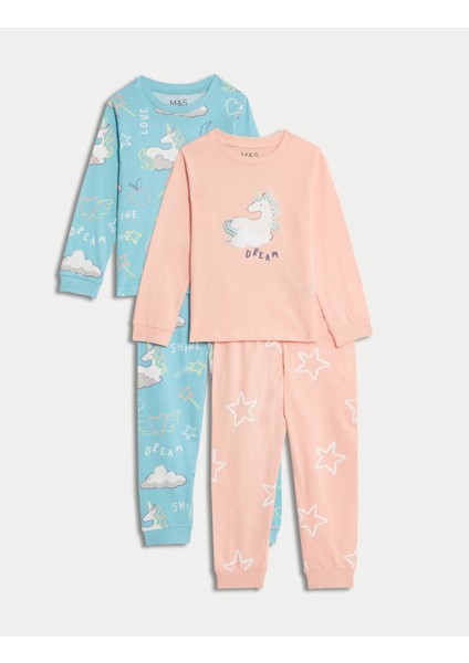 Marks & Spencer Saf Pamuklu Unicorn Desenli 2'li Pijama Takımı (1-8 Yaş)