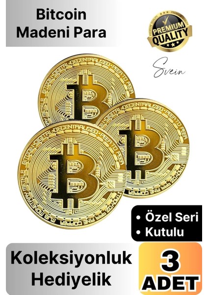 3 Adet Özel Seri Premium Bitcoin Madeni Para Kutulu Hediyelik Metal Hatıra Koleksiyon Kripto Coin