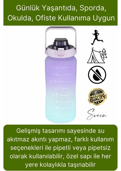 Premium 2 Lt Pipetli Kilitli Sızdırmaz Kapaklı Kamp Sağlıklı Motivasyon Suluk Matara Spor Su Şişesi